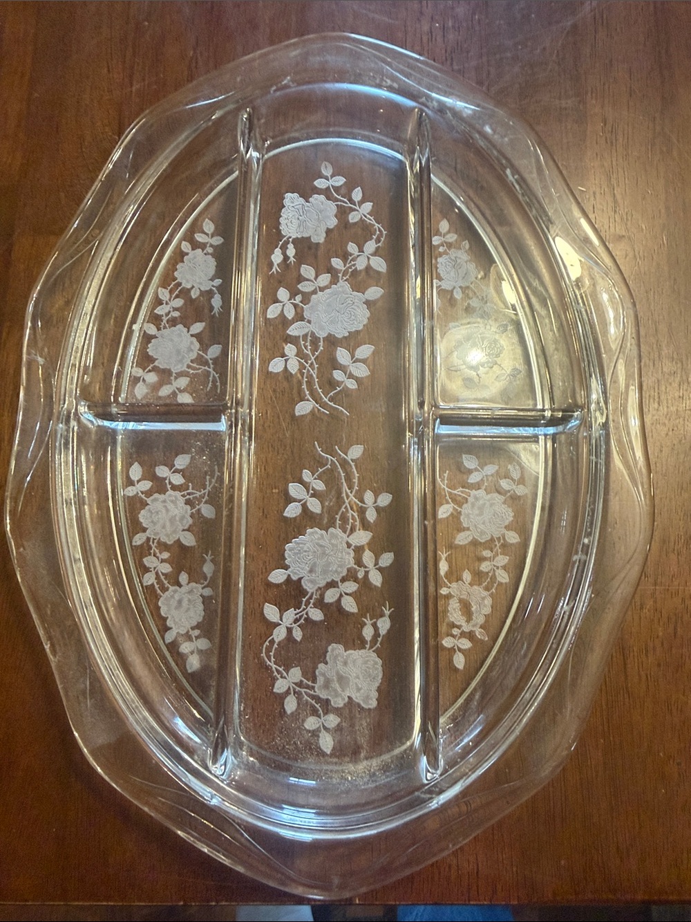 Clear Floral Etched Glass Divided Serving Platter - Clear (UBUB)